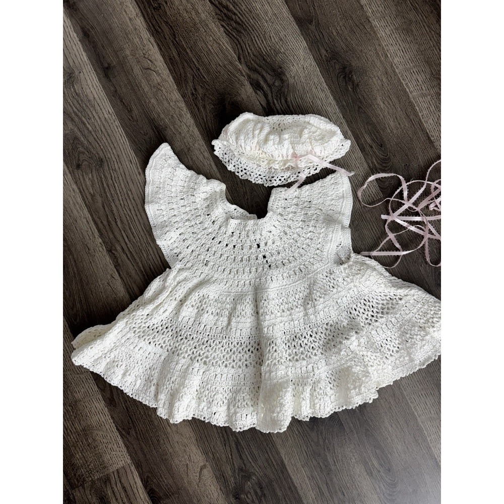 Vintage Crochet Baby Dress‎ With Matching Hat  0421